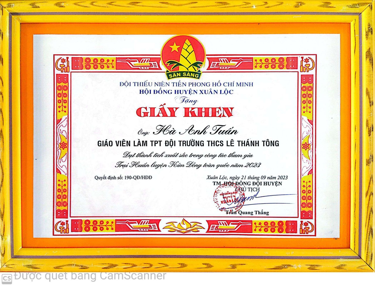 Thầy Hà Anh Tuấn   GV TPT Đội đạt thành tích xuất sắc trong Hội trại huấn luyện Kim Đồng toàn quốc