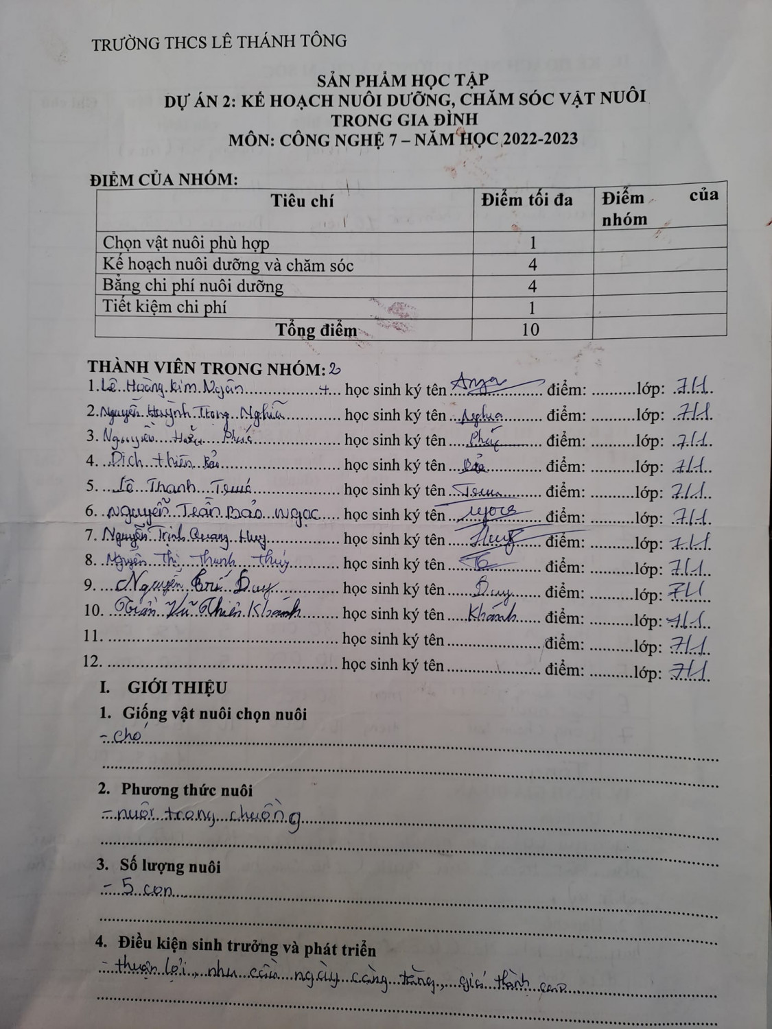 "Dự án" nuôi vật nuôi trong nhà môn Công nghệ 7